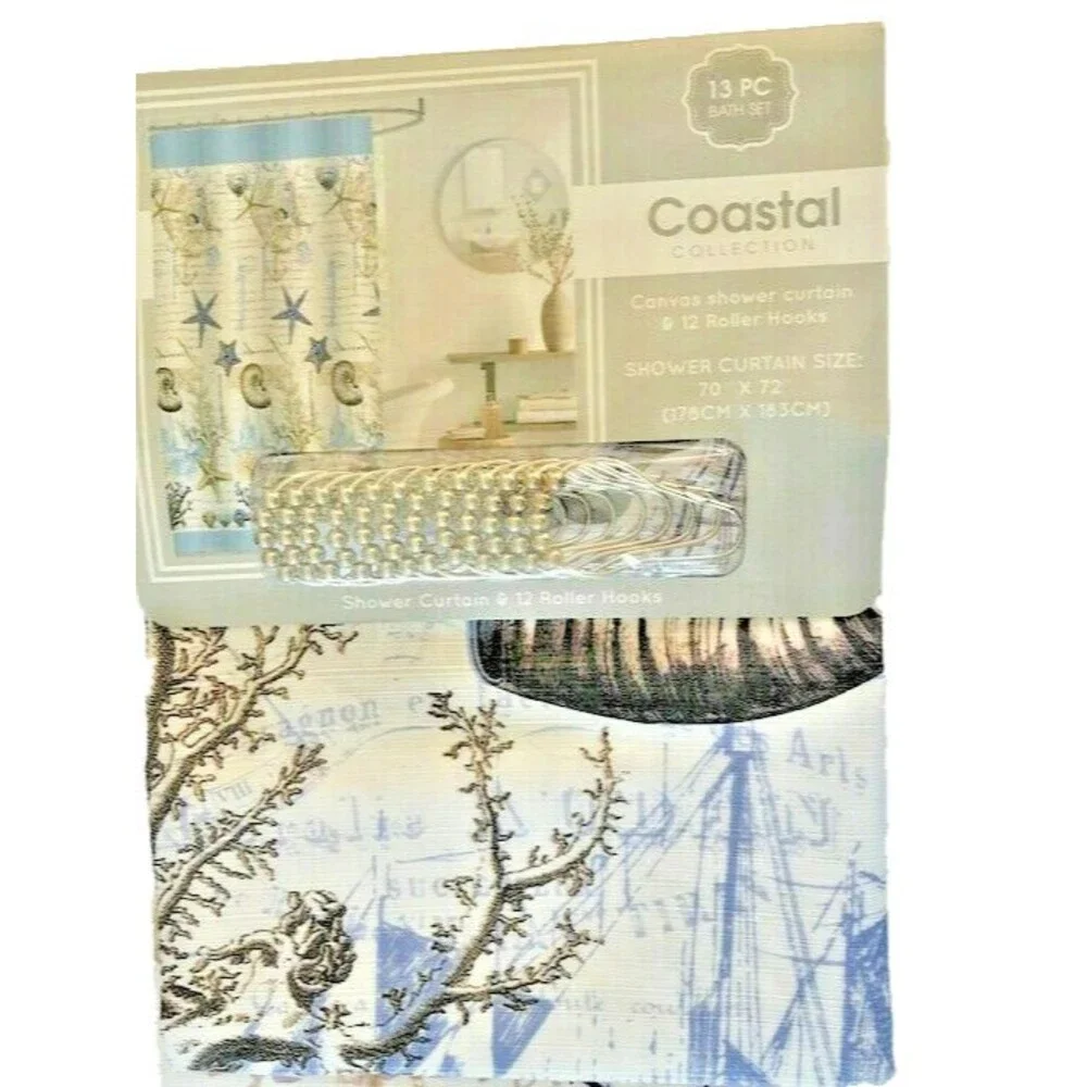 Coastal Fabric Shower Curtain Anchor Shells Starfish w/Hooks Beach Summer House